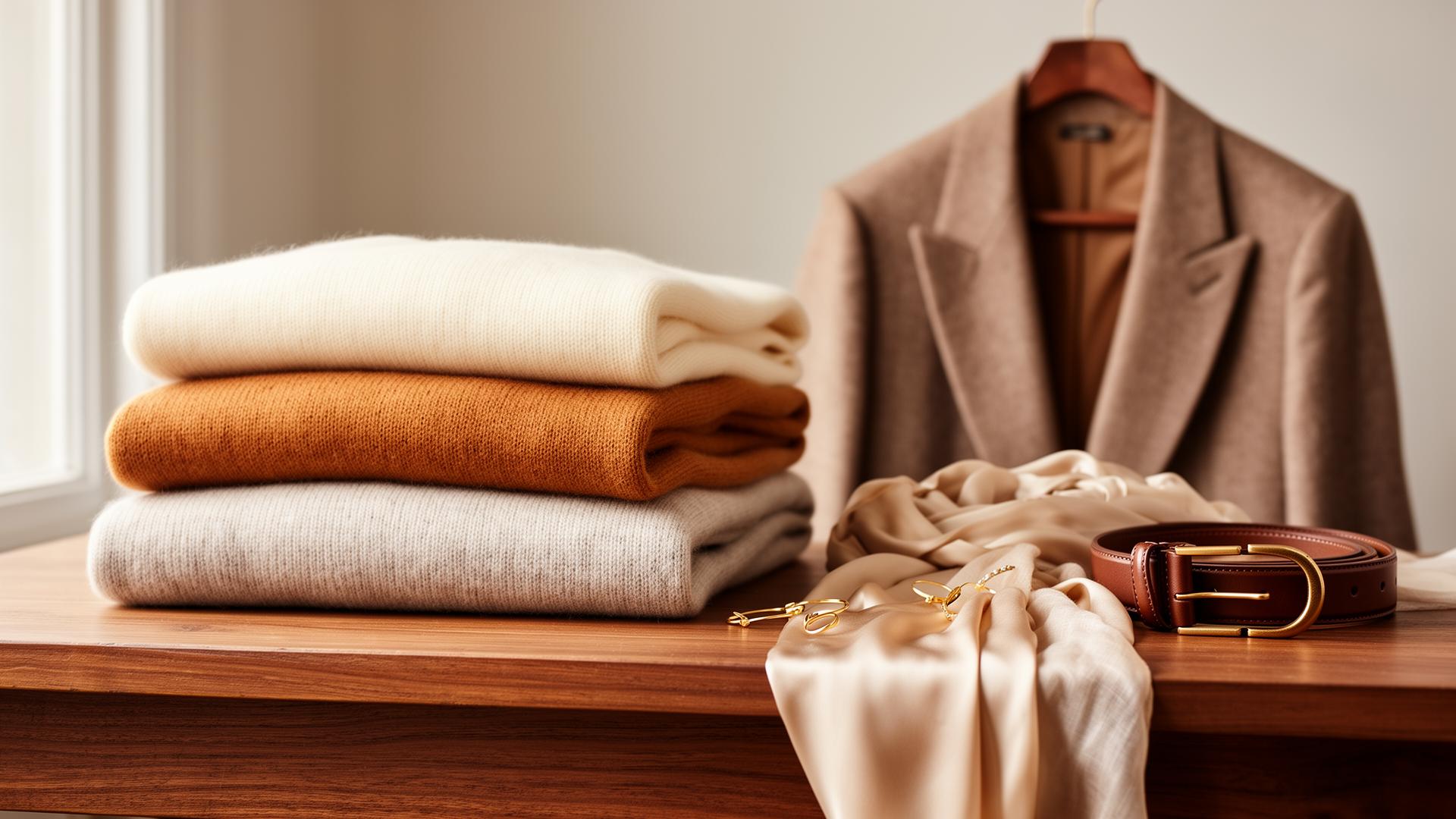 Curated apparel edit featuring cashmere knits, tailored blazer, and leather accessories
