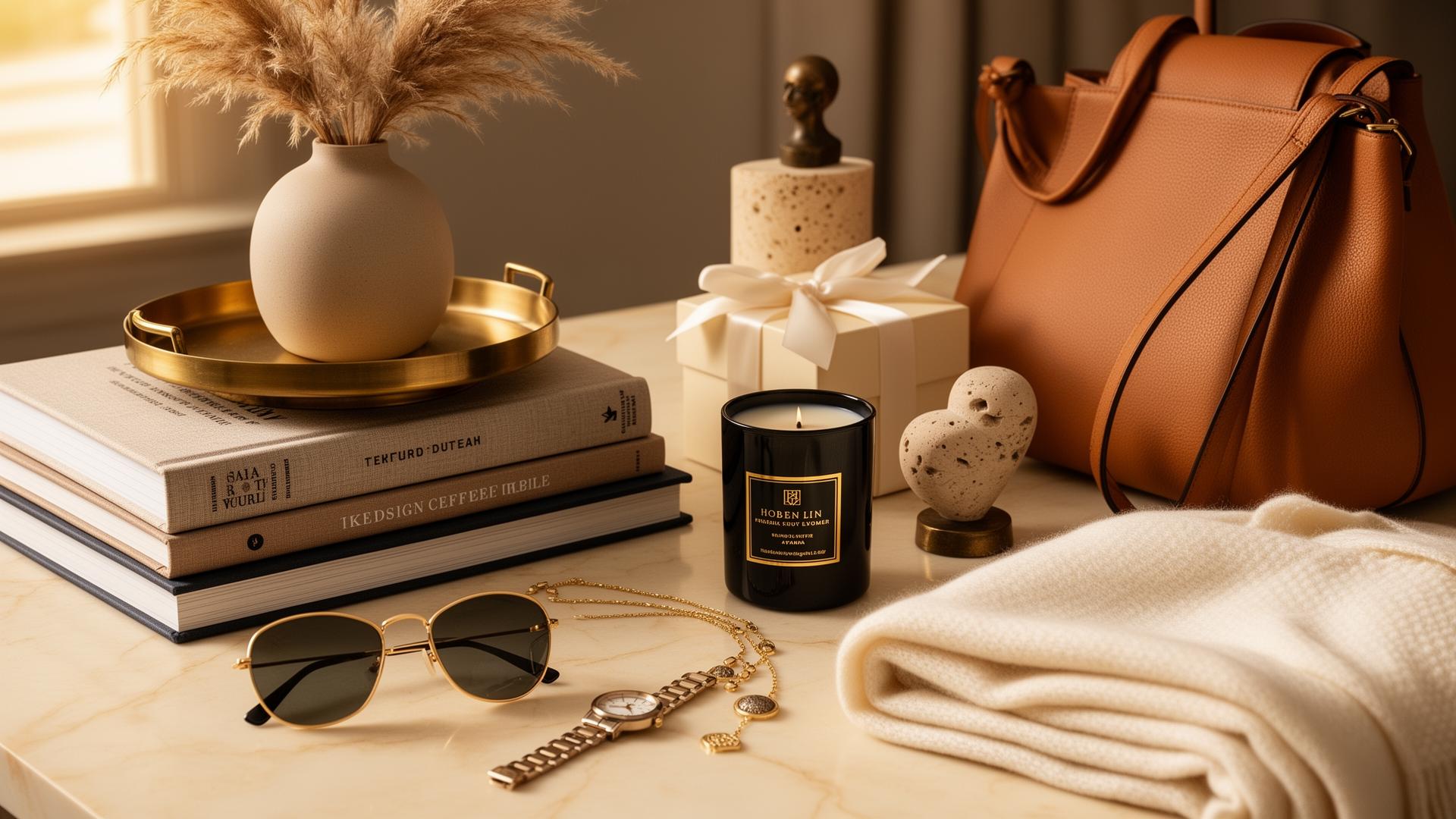 Luxury lifestyle vignette featuring home décor, candles, fashion accessories, and curated gifts